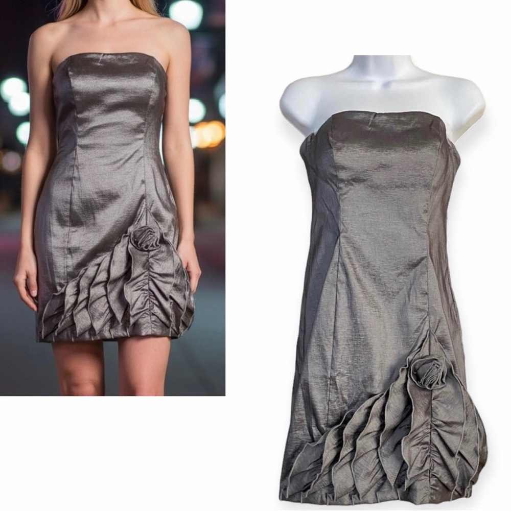 BETSY & ADAM Gray Strapless Cocktail Mini Dress Sz 6 Small Tafetta Ruffles